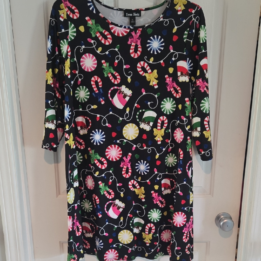 Dress Works Colorful Holiday Print Dress, Size XL
